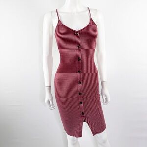 Windsor Dark Red & White Striped Ribbed Midi Dress Size S Button Front Bodycon